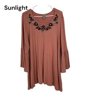 Como Vintage Women Plus SZ 3X Pink Boho Tunic Top Floral Embroidery Bell Sleeves